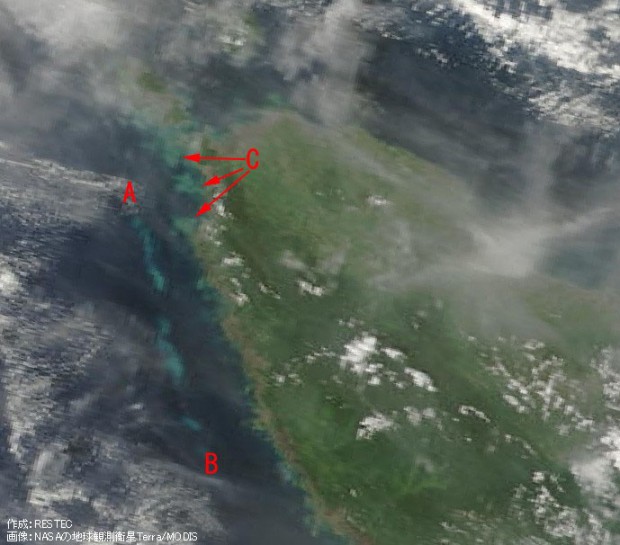 Terra/MODIS画像（範囲151km×172km) 震源近傍海域の一直線の変色海域